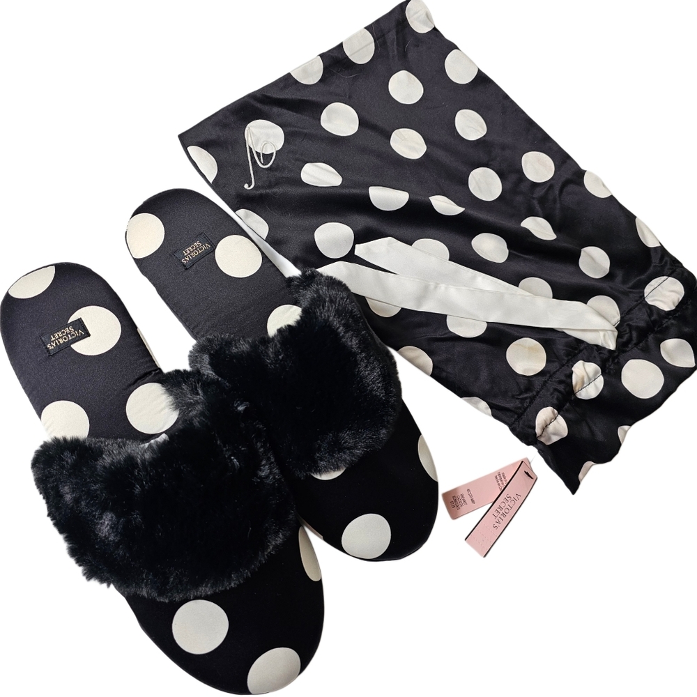 Victoria's Secret Signature Satin Polka Dot Faux Fur Slippers with Bag